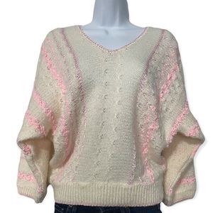 Vintage Townhouse Cream Pink Pointelle Dolman Knit Wool Blend V Neck Sweater